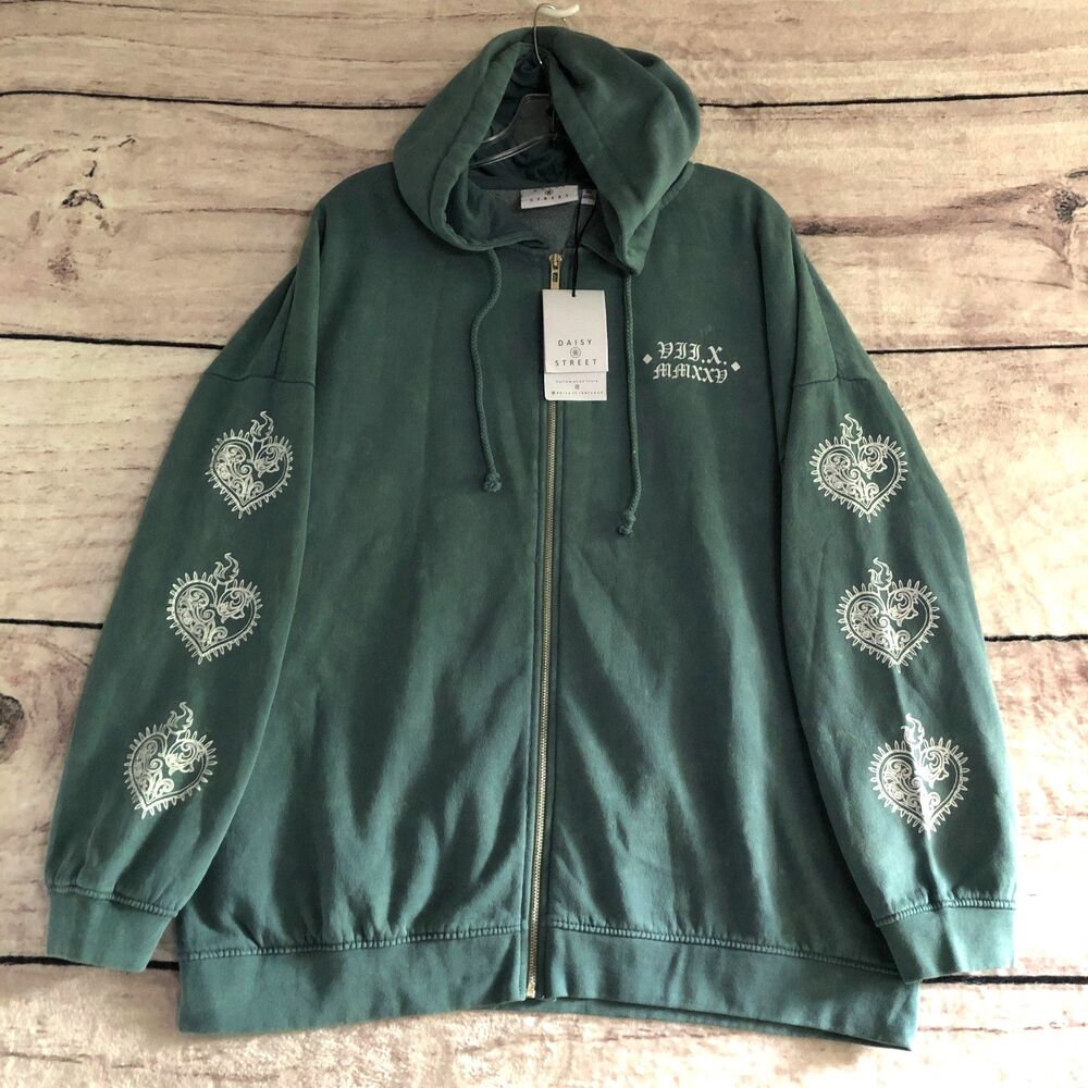 Daisy Street Hoodie XL Green Tie Dye Oversized Y2k Goth Hearts New York Grunge - Picture 2 of 16
